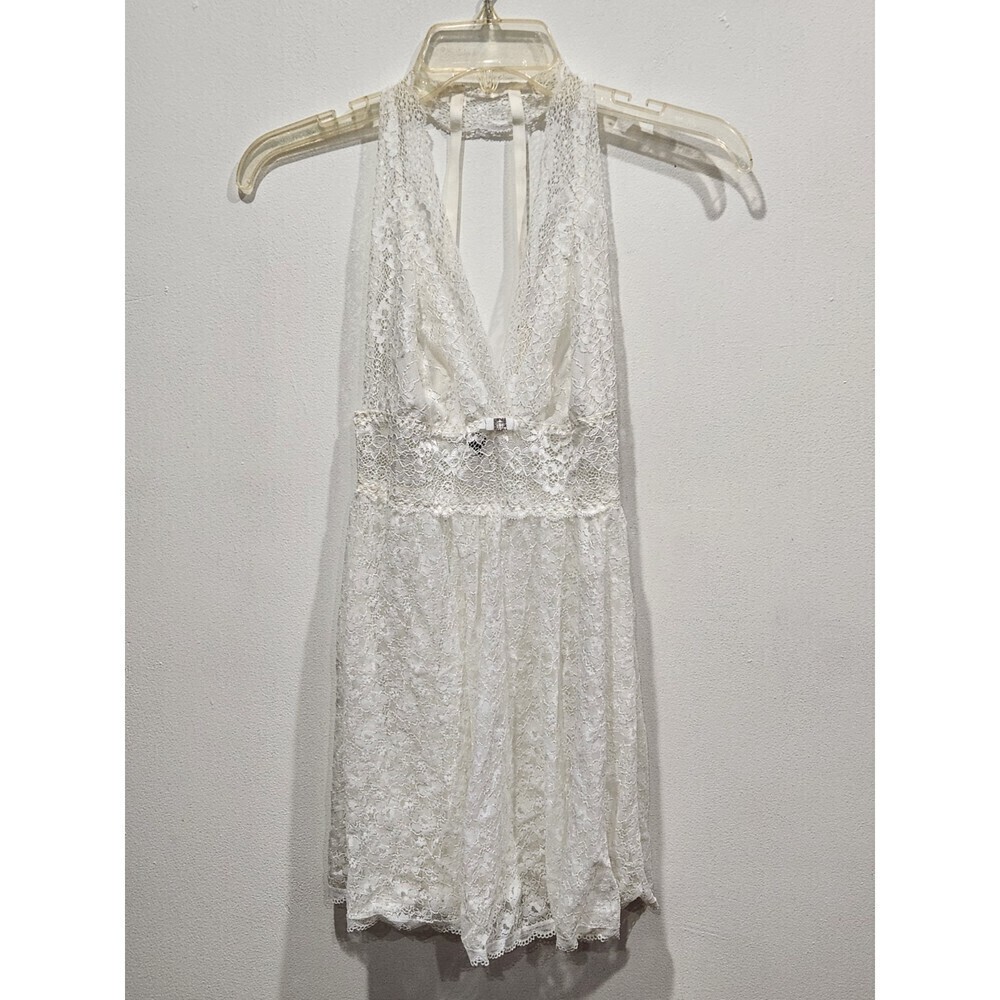 SEDUCTIVE Wear by Cinema Etoile White Lace Sheer Halter Babydoll & Thong Set, S